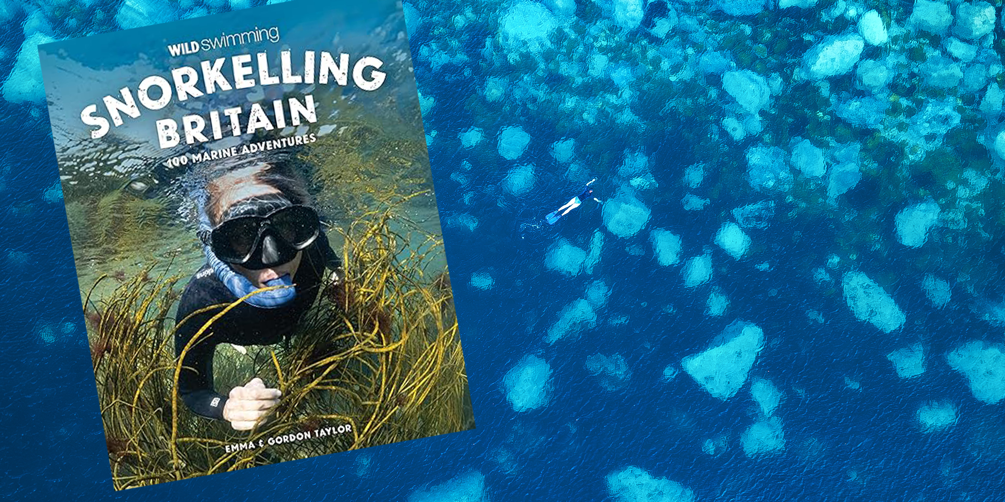 Snorkelling Britain book cover with drone view of woman snorkelling behind